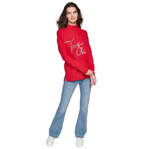 KARL LAGERFELD PARIS Women Embellished Graphic Mockneck Sweater Red Size M $99 - Picture 4 of 5